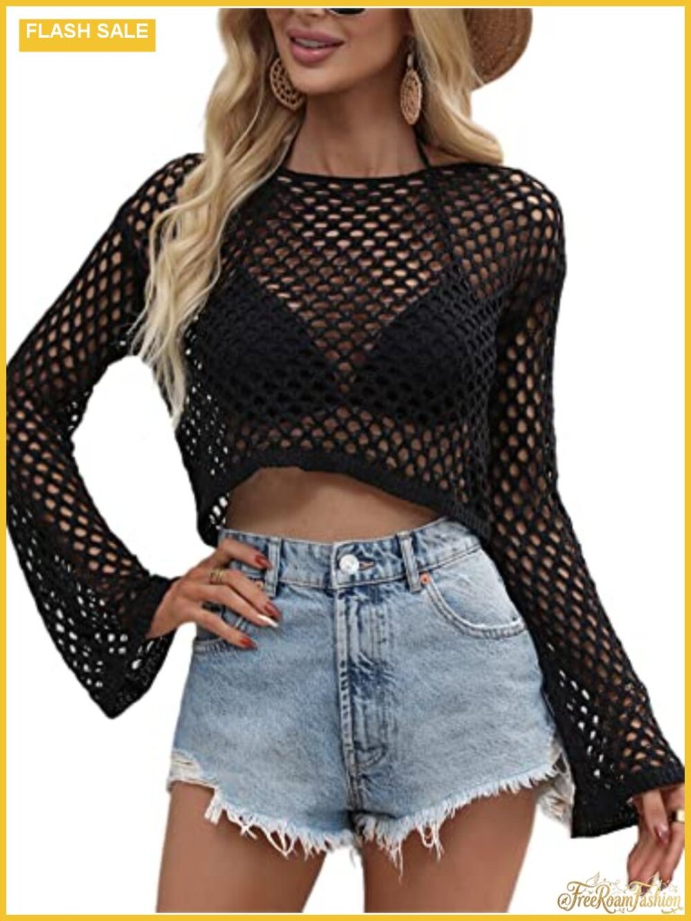 Women's Mesh Crochet Crop Top Long Sleeve Hollow Out Knit Beach Cover Up Sexy